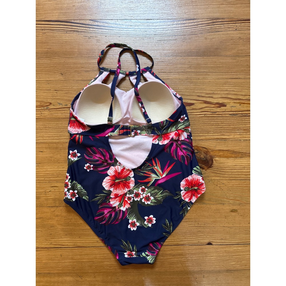 Kona Sol One Piece Swimsuit Women Navy Tropical Floral Halter SIZE 16W - Picture 2 of 5